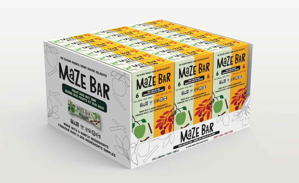 A realistic rendering of Maze Bar trays stacked within a retail display box that our SNI Creative team created