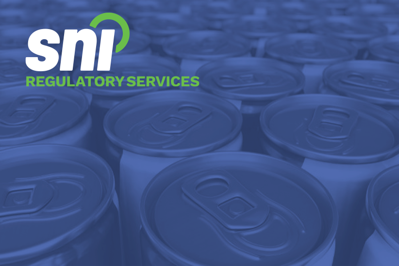 Photograph of a group of the top of caffeinated energy drink cans, with our SNI Regulatory Services Logo