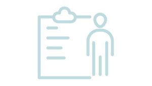 line illustration of a document on a clip board with a person next to it