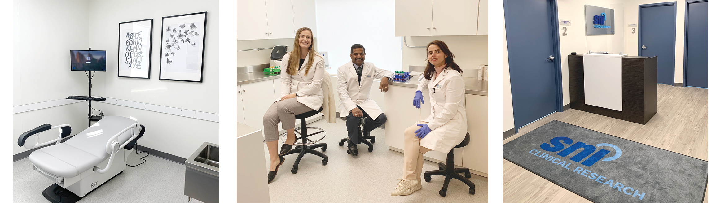 Three photos: one of a clinic chair in our clinic location, one photograph of three of our clinic experts, one photograph of our front desk at the clinic location