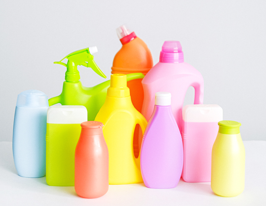 Photograph of a cluster of cleaning products and soaps