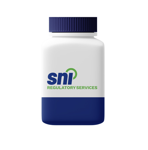 Image of a supplement tablet bottle with SNI regulatory services logo on it