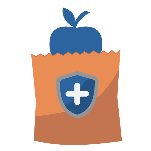 paper grocery bag icon with an apple in it and a safety shield