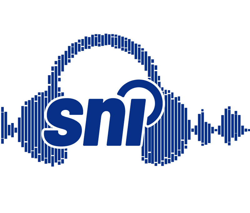 Illustration of headphones with sound waves and the SNI logo