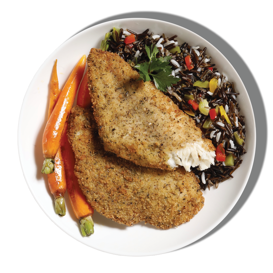 photograph we took of garlic and herb breaded haddock served with confetti wild rice and roasted carrots