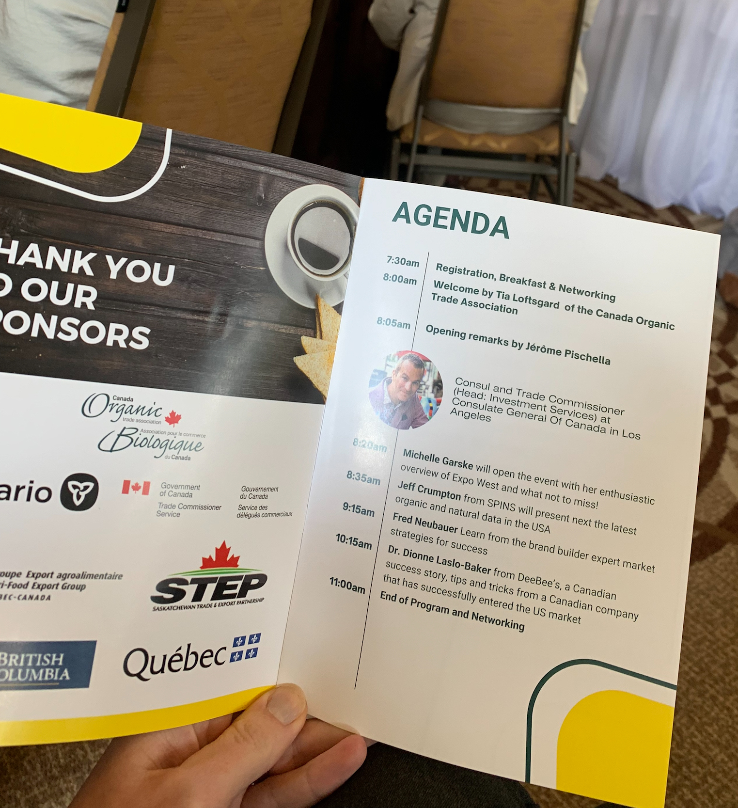 Photograph of the Event Agenda with Opening remarks by Jérôme Pischella - Consul and Trade Commissioner at Consulate General of Canada in Los Angeles