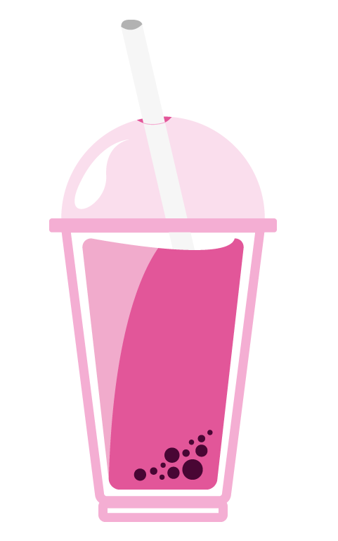 Illustration of a pink bubble tea in a plastic cup with a dome lid.