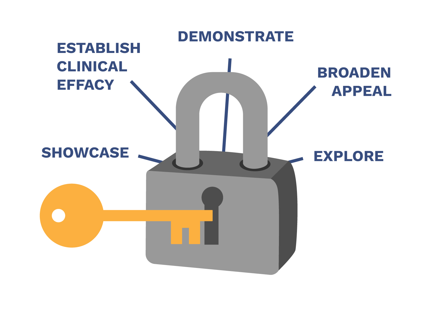 An illustration of a lock with a key going in. The lock has callouts: showcase, establish clinical efface, demonstrate, broaden appeal and explore.