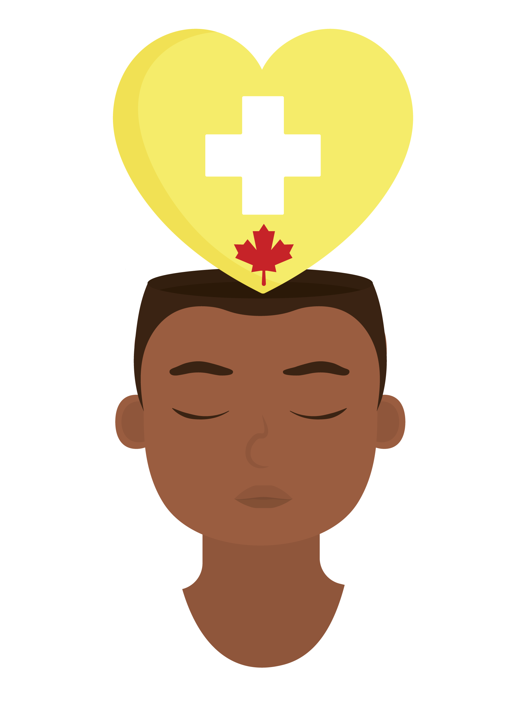 Illustration with man's head opened and a yellow heart with medical cross and maple leaf.