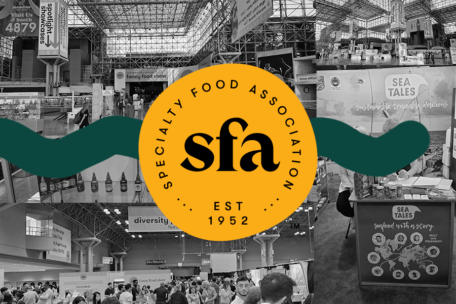 Collage of photos taken at the Fancy Food Show this year with the SFA logo over top