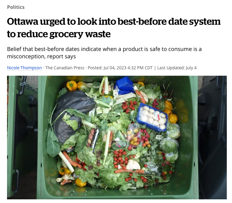 CBC article titled "Ottawa urged to look into best-before date system to reduce grocery waste"