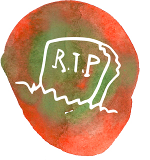 illustration of a gravestone on a green and orange watercolour circle