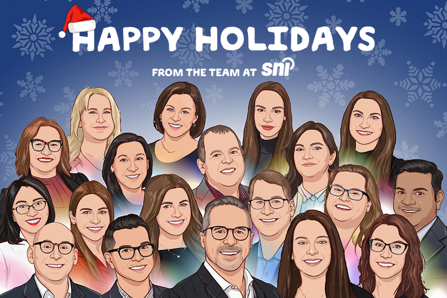 Illustration of our entire team on some snowflakes with the title "HAPPY HOLIDAYS FROM THE TEAM AT SNI"