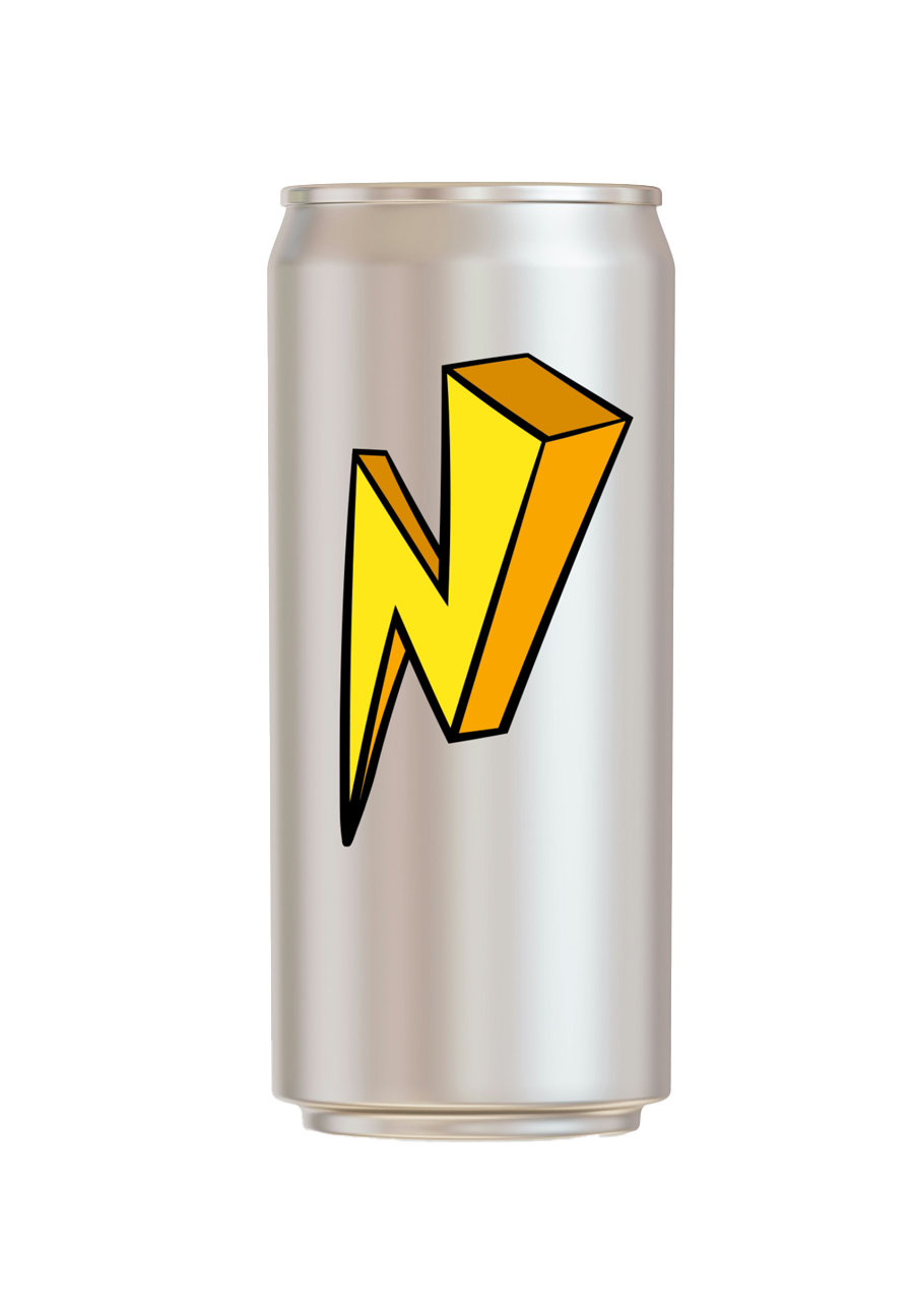 photograph of a plain tall energy drink can with a lightening bolt on it.