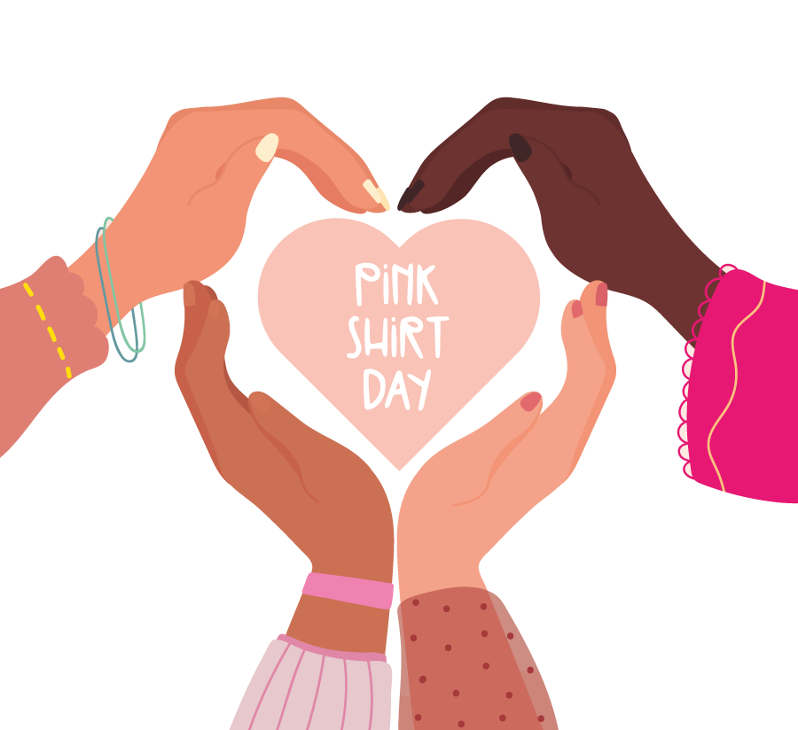 Illustration of four hands making a heart shape together, with a heart in the middle that say "Pink Shirt Day"