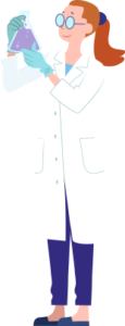 illustration of a woman with a ponytail and a lab coat with classes looking at products