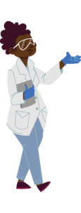 illustration of a woman in a lab coat holding a laptop and wearing gloves