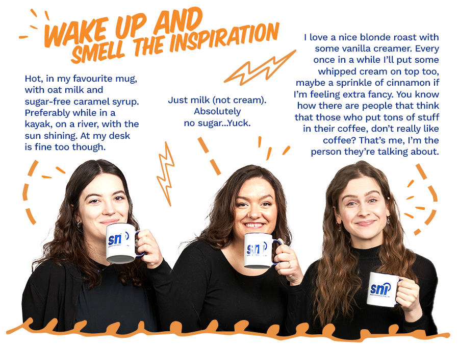 Photograph of the creative services team holding SNI coffee cups talking about their favourite coffee.