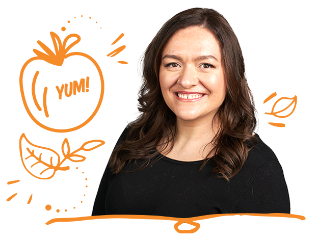 Photograph of christel with doodles of leaves and a tomato