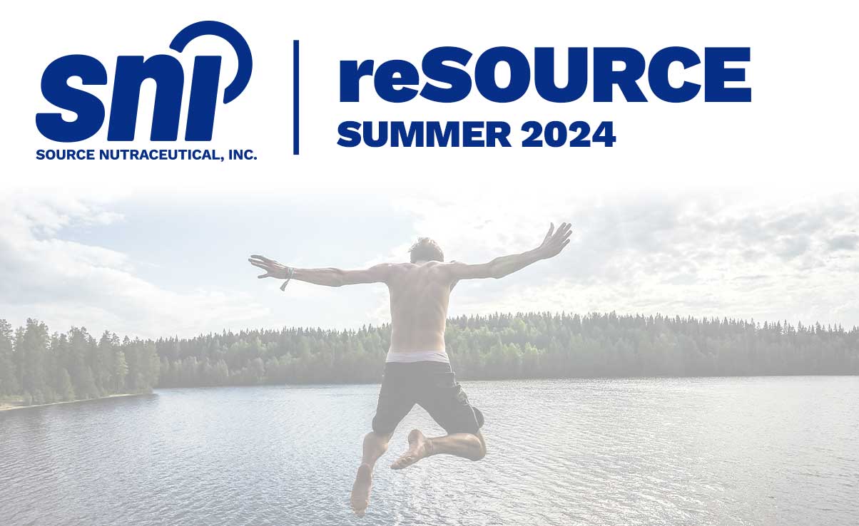 Photograph of a man happily jumping off a dock into a lake with a beautiful tree line in the background. Title: SNI (logo) reSOURCE - SUMMER 2024