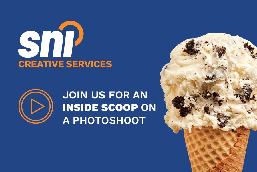 "JOIN US FOR AN INSIDE SCOOP ON A PHOTOSHOOT" with a photograph of an ice cream cone and the SNI creative services logo