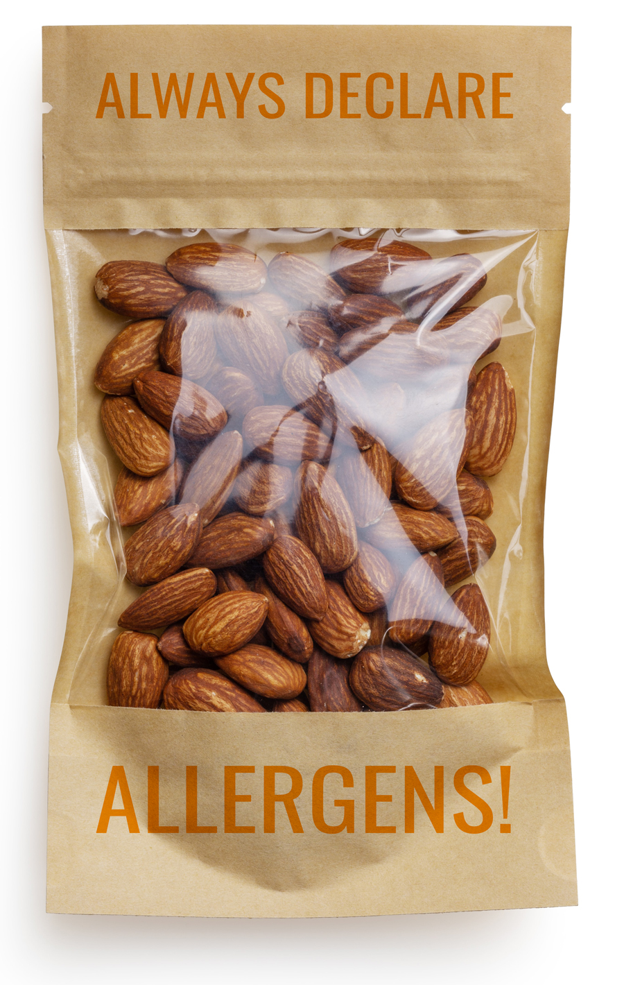 A bag of almonds that says "alway declare allergens!" on it