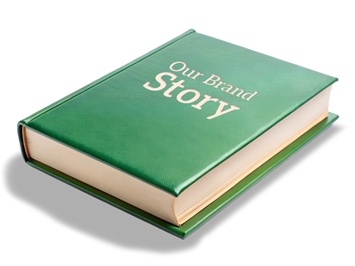 A green book that says OUR BRAND STORY on it