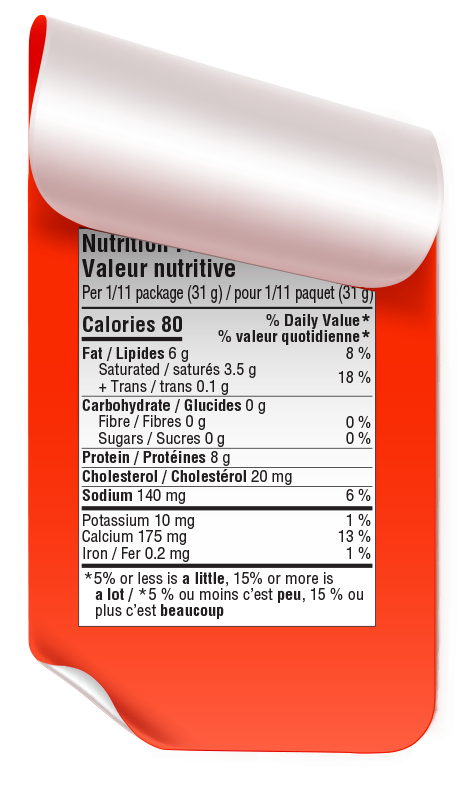 example of a red sticker peeling with a nutrition facts table on it