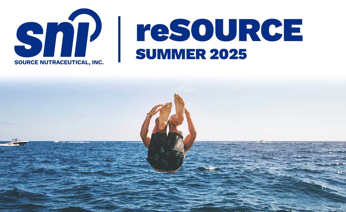 SNI Logo, Title: reSOURCE Summer 2025 with a photograph of a person jumping into the water on a hot summer day