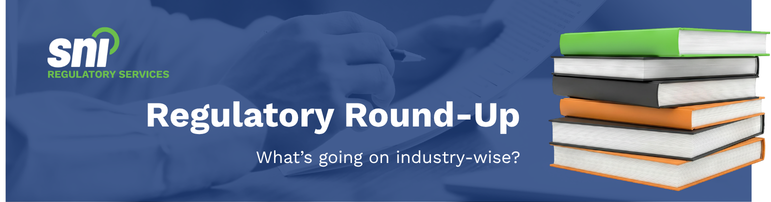 Photograph with SNI regulatory services logo, a stack of books at the title "Regulatory Round-Up: What's going on industry-wise?"