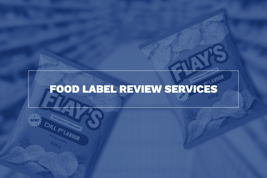 Photograph of potato chips in a grocery store with a blue overlay and "Food label review services" title