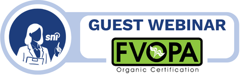 SNI expert icon on the left, title: "GUES WEBINAR" on the right with the FVOPA Organic Certification logo underneath