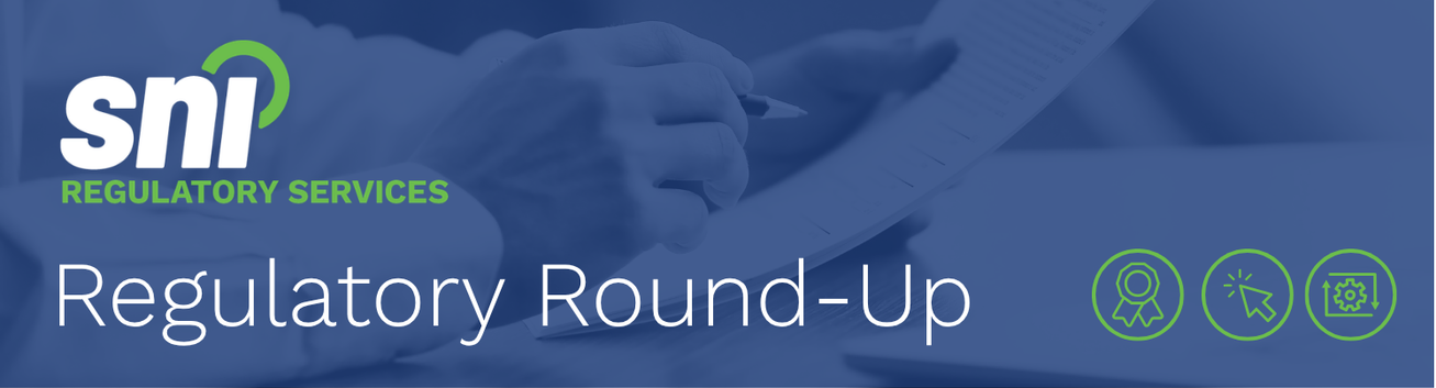 Photograph of a hand checking over paperwork with a blue overlay and the "SNI Regulatory Services" logo; as well as the header "Regulatory Round-Up" with 3 related icons