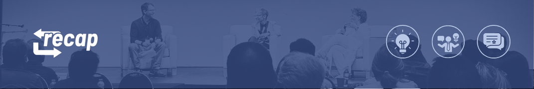 Photograph of an event SNI attended with a blue overlay and the header "recap" with 3 related icons